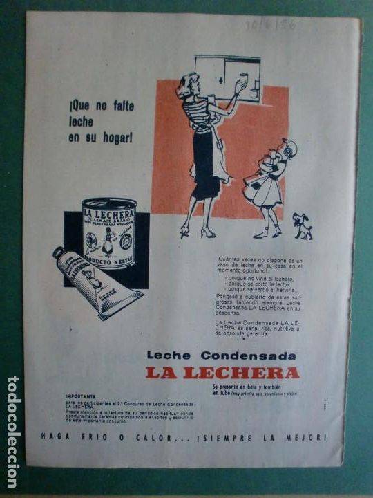 Coleccionismo: LECHE CONDENSADA LA LECHERA DE NESTL&Eacute; QUE NO FALTE LECHE EN SU HOGAR 30/6/1956