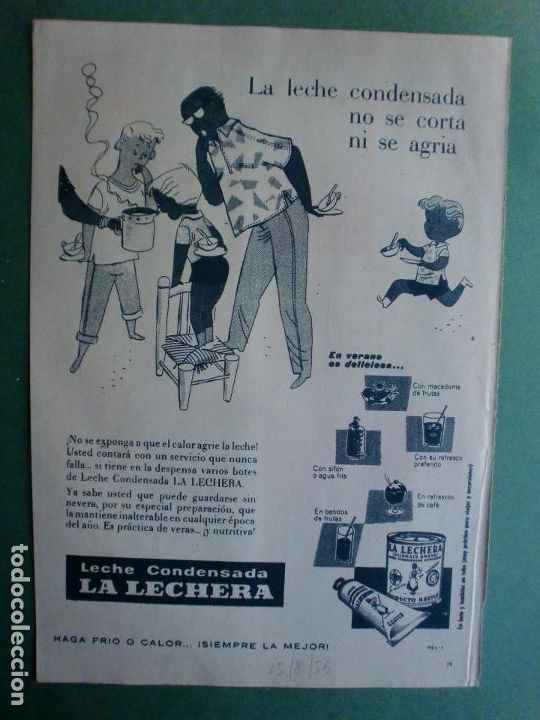 Coleccionismo: LECHE CONDENSADA LA LECHERA DE NESTL&Eacute; NI SE CORTA NI SE AGRIA 25/8/1956