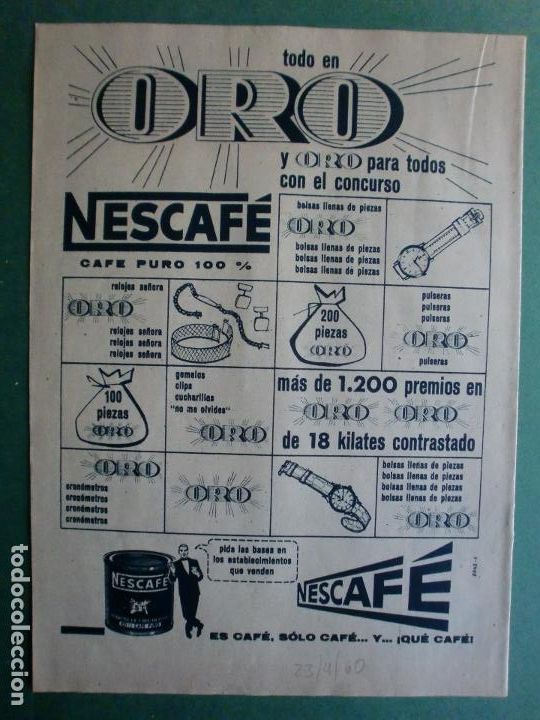 Coleccionismo: TODO EN ORO PREMIOS DEL CONCURSO NESCAF&Eacute; DE NESTL&Eacute; 9/4/1960