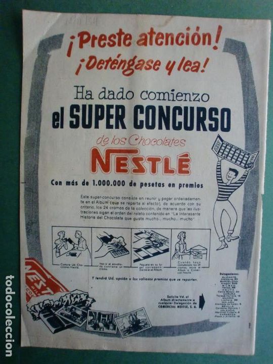 Coleccionismo: SUPER CONCURSO CHOCOLATES NESTL&Eacute; 1.000.000 DE PTAS. EN PREMIOS 20/11/1954
