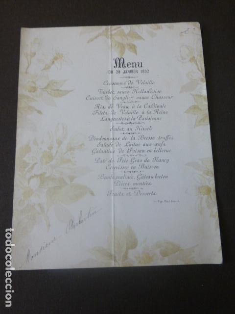 Coleccionismo: MENU CARTA MINUTA 1892 - Foto 1