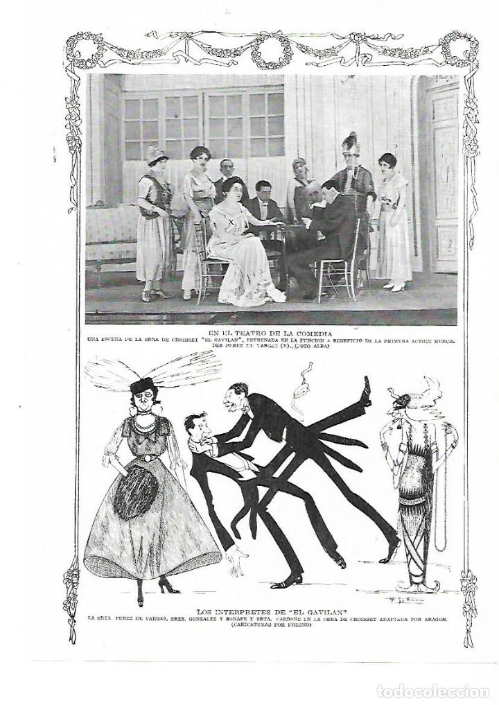 Collecting paper: A&Ntilde;O 1915 RECORTE PRENSA TEATRO DE LA COMEDIA ESCENA OBRA EL GAVILAN CARICATURA FRESNO INTERPRETES