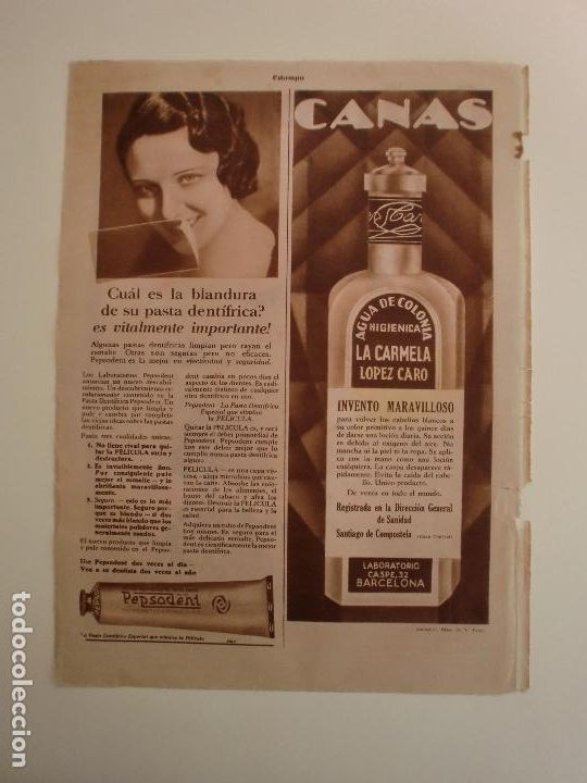Collecting paper: DENTIFRICO PEPSODENT - AGUA DE COLONIA LA CARMELA - PORTADA ESTAMPA - 15/7/1933