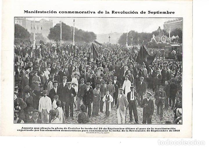 Collectionnisme: A&Ntilde;O 1908 HOJA REPORTAJE MANIFESTACION CONMEMORATIVA REVOLUCION DE SEPTIEMBRE PLAZA DE CASTELAR