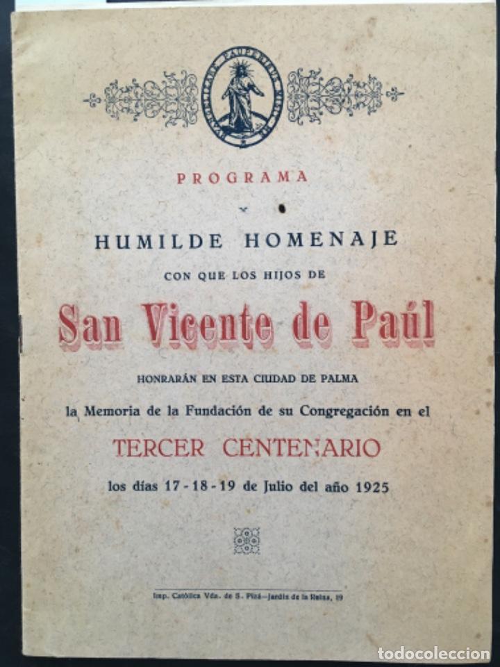 Coleccionismo: PROGRAMA HUMILDE HOMENAJE SAN VICENTE DE PAUL, PALMA MALLORCA, 1925