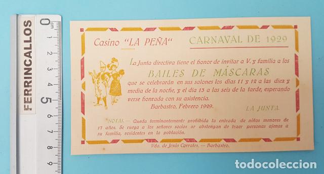 Collezionismo: MUY RARA INVITACION CASINO LA PE&Ntilde;A DE BARABSTRO BAILES DE MASCARAS CARNAVAL DE 1929 8,50 X 15,50 CM