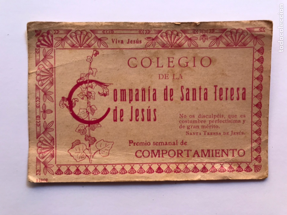 Coleccionismo: EL VEDAT Torrente. COLEGIO de la Compa&ntilde;&iacute;a de Santa Teresa de Jes&uacute;s, Premio Semanal .. (h.1930?)