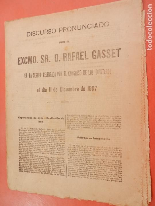 Coleccionismo: RAFAEL GASSET CHINCHILLA DISCURSO PRONUNCIADO EN EL CONGRESO DE LOS DIPUTADOS 1907 - 8 PAGINAS