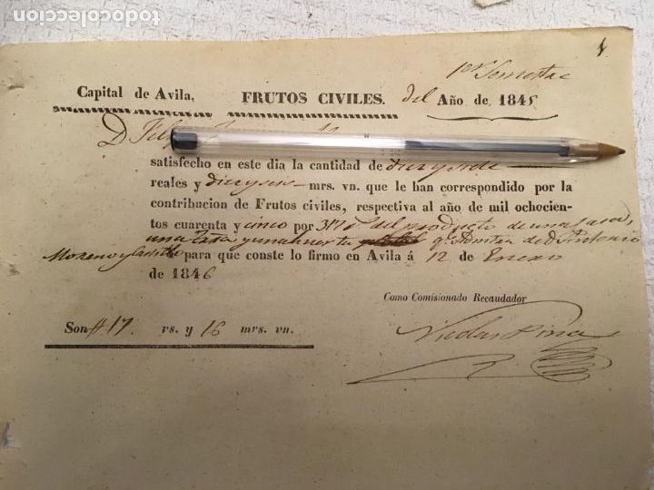 Coleccionismo: Capital de Avila recibo de frutos civiles a&ntilde;o de 1845, tama&ntilde;o cuartilla, reales y maraved&iacute;es.