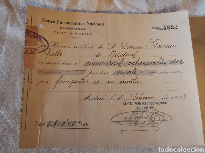 Coleccionismo: Recibo de 1929 emitido por el Centro Farmac&eacute;utico Nacional