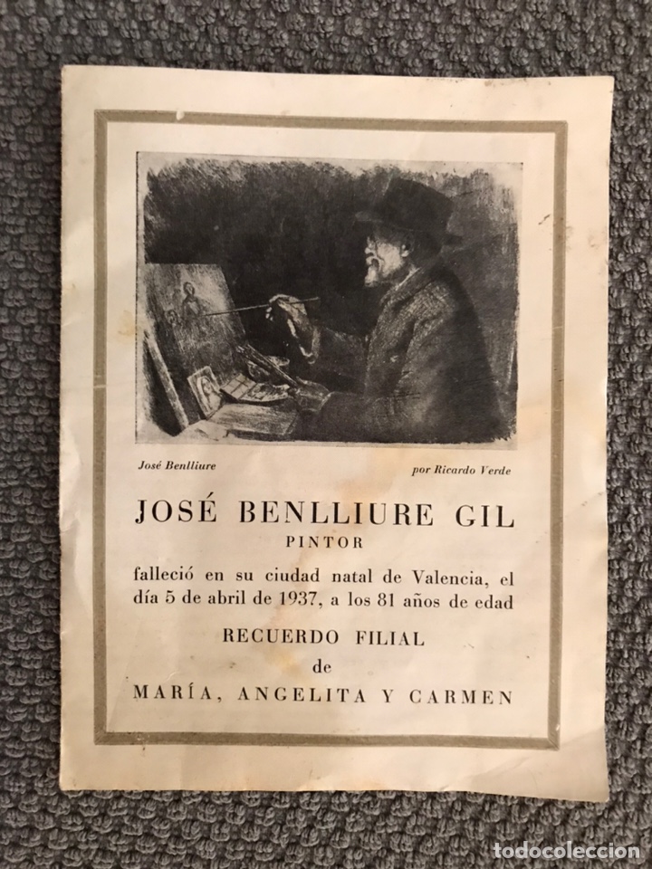 Collecting paper: JOS&Eacute; BENLLIURE GIL Pintor falleci&oacute; en su Ciudad natal de Valencia el d&iacute;a 5 de abril de 1937