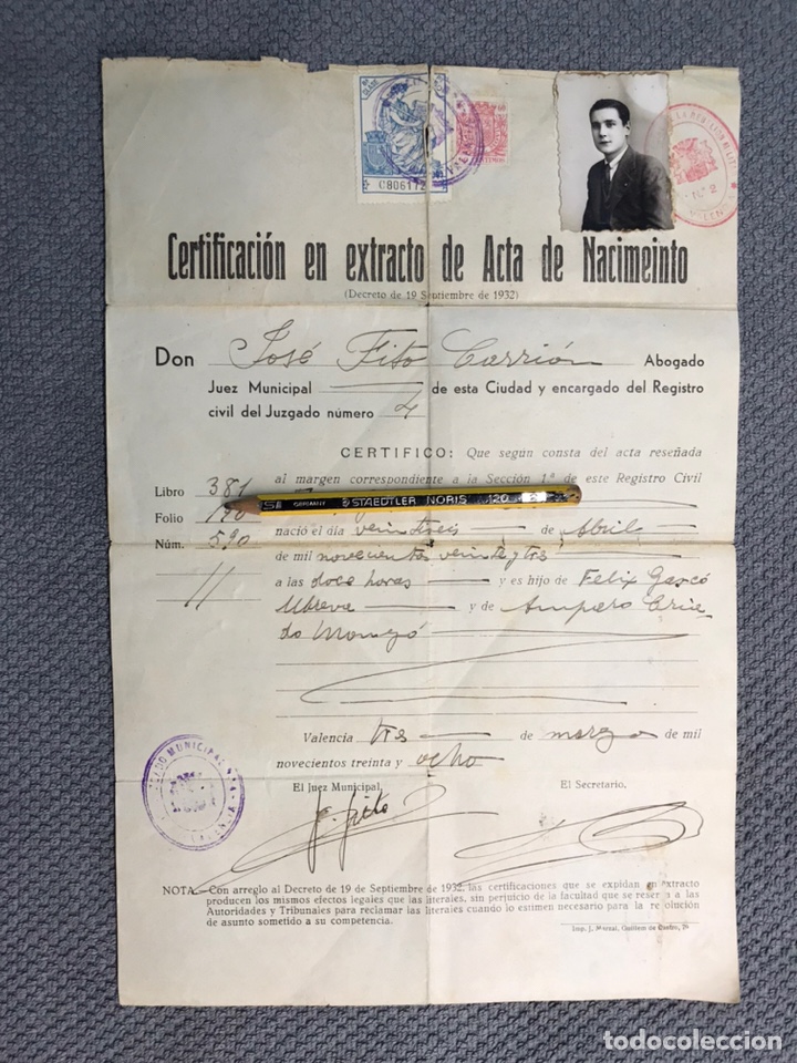 Collecting paper: VALENCIA Certificacion de Nacimiento, Curioso Sello Juzgado Especial de la Rebeli&oacute;n Militar (a.1938