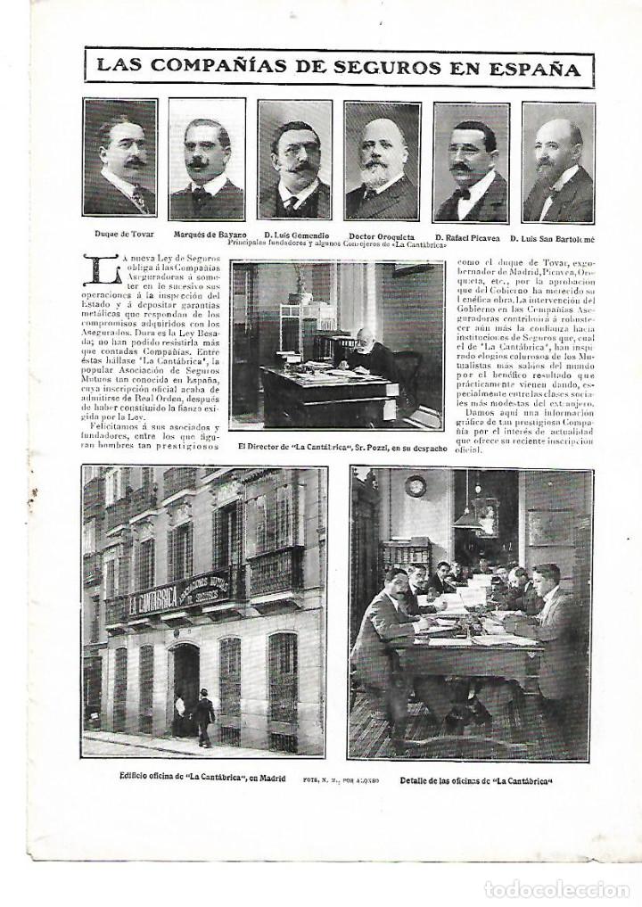Collecting paper: A&Ntilde;O 1909 RECORTE PRENSA COMPA&Ntilde;IAS DE SEGUROS EN ESPA&Ntilde;A LA CANTABRICA POZZI