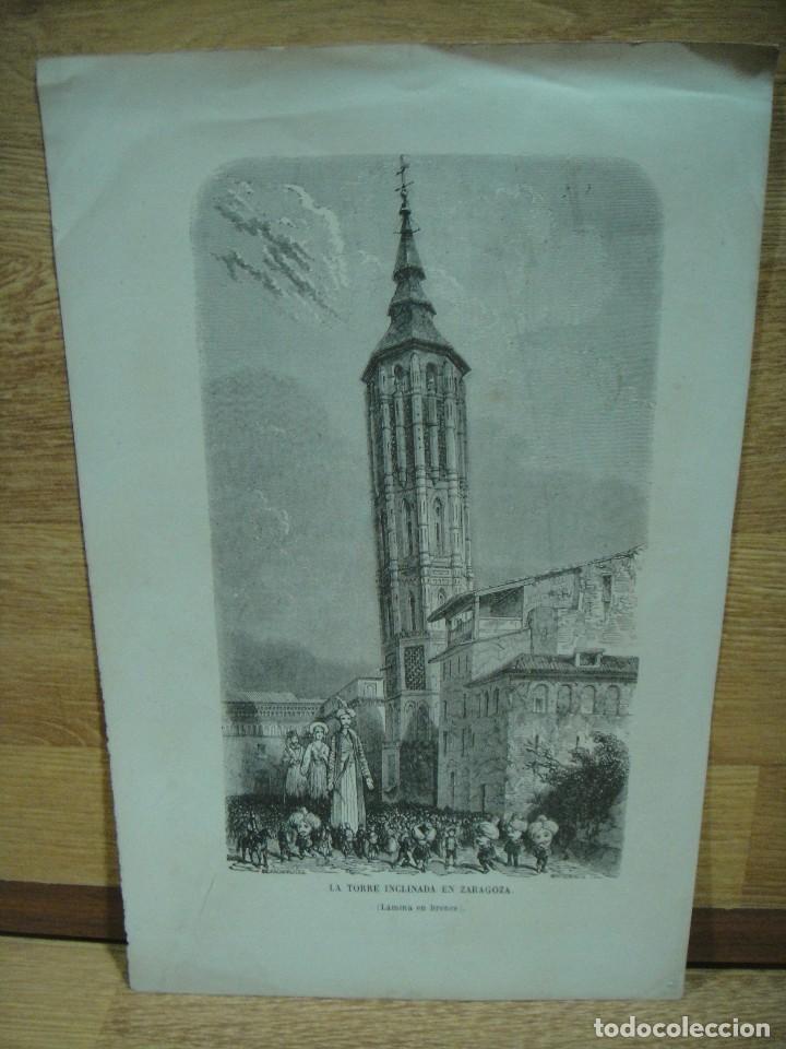 Collezionismo: LA TORRE INCLINADA EN ZARAGOZA - DIBUJO DE BLANCHARD - GRABADO POR WHITCHEAD - grabado litografico