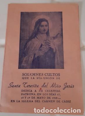 Coleccionismo: PROGRAMA SOLEMNES CULTOS A STA. TERESITA DEL NI&Ntilde;O JES&Uacute;S, IGLESIA DEL CARMEN DE C&Aacute;DIZ, 1948