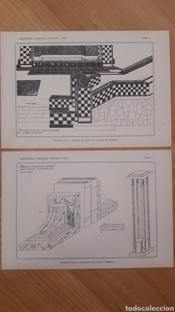 Collezionismo: TRES L&Aacute;MINAS ALBA&Ntilde;ILER&Iacute;A 32X22CMS ESCALERA JARDIN AZULEJOS VALENCIA. SOSTENEDOR LIBROS Y PEDESTAL