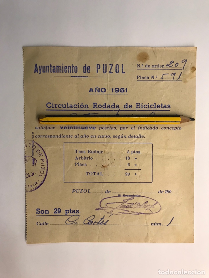 Coleccionismo: AYUNTAMIENTO DE PUZOL, Valencia . Circulaci&oacute;n rodada de bicicletas (a.1961)
