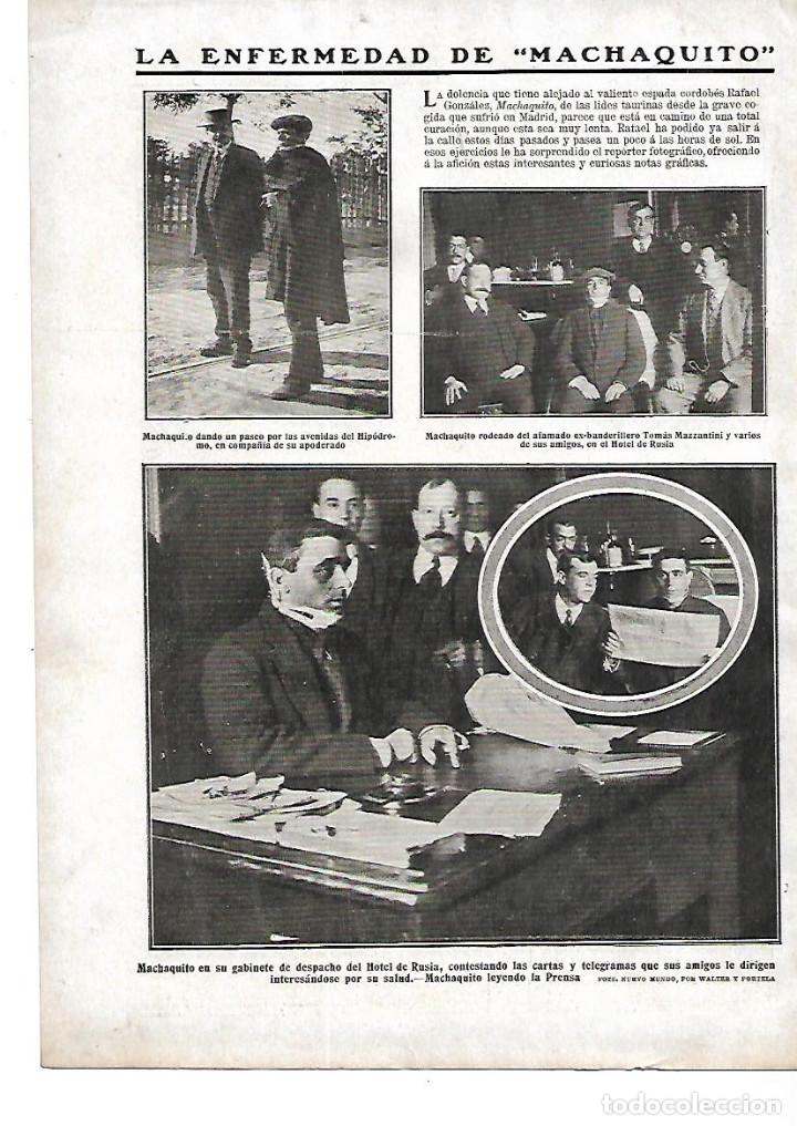 Collecting paper: A&Ntilde;O 1911 RECORTE PRENSA ENFERMEDAD TORERO MACHAQUITO HOTEL DE RUSIA RECUPERACION GRAVE COGIDA
