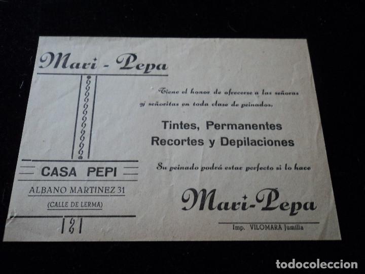 Coleccionismo: ANTIGUA PUBLICIDAD PELUQUERIA MARI PEPA EN JUMILLA 1955