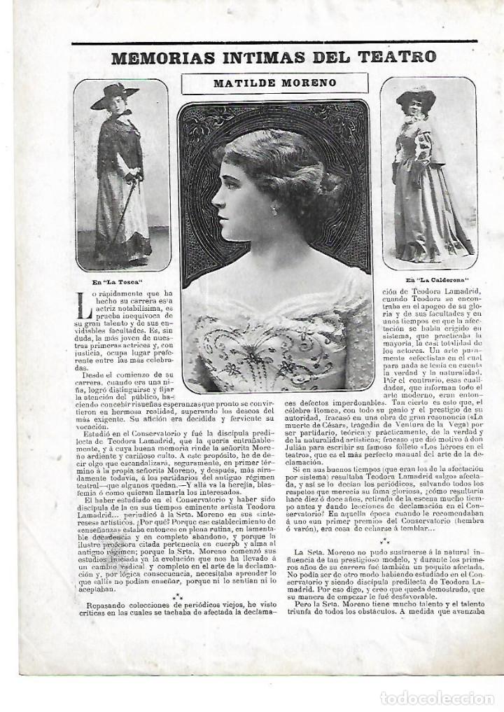Collectionnisme: A&Ntilde;O 1904 RECORTE PRENSA MATILDE MORENO ACTRIZ ARTISTA TEATRO PERSONAJES TOSCA CALDERONA FEDORA