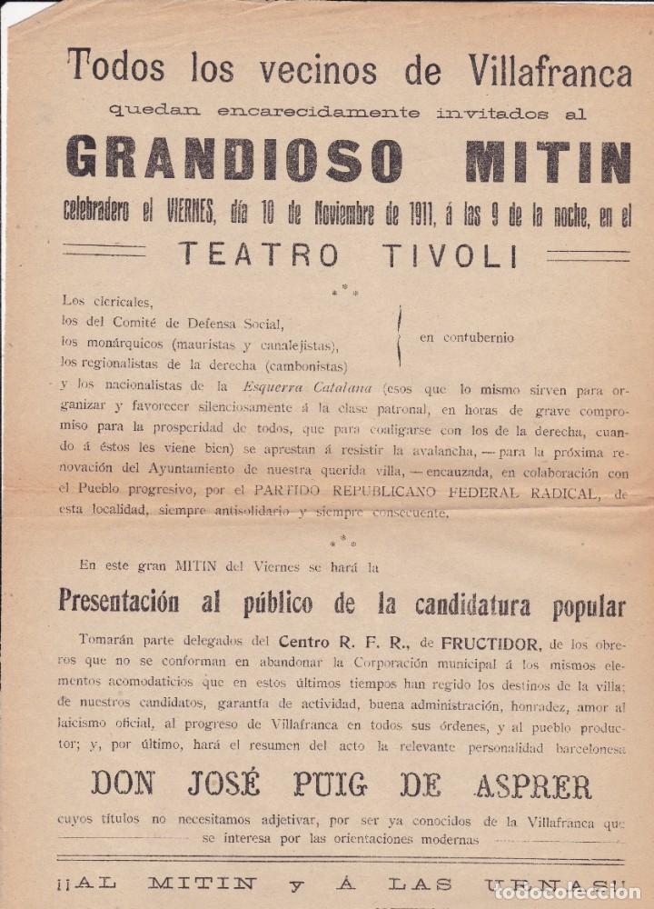 Coleccionismo: panfleto Mit&iacute;n 22x31 ctms. Vilafranca Barcelona Teatro Tivoli 1911 original
