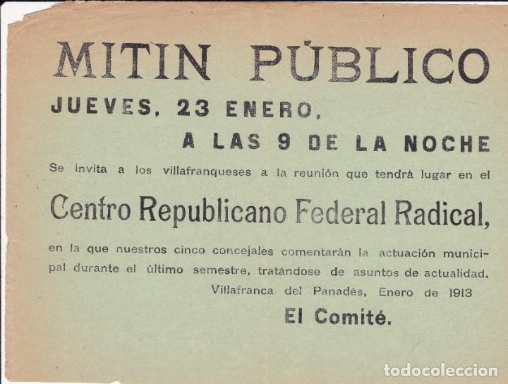 Coleccionismo: Pamfleto Mit&iacute;n P&uacute;blico 1913 Villafranca del panades Barcelona 16x22 ctms. original