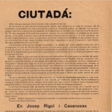 Coleccionismo: ANYS 20-30 SOLICITUD DE VOTO D´EN JOSEP RIGOL I CASANOVAS DE ASSOCIACIÓ NACIONALISTA DE TERRASSA. Lote 222930211