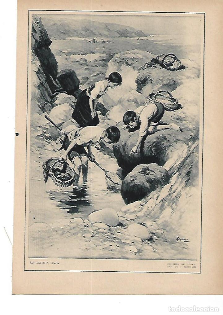 Collecting paper: A&Ntilde;O 1915 RECORTE PRENSA DIBUJO EN MAREA BAJA SOCIEDAD DE PESCA POR REGIDOR NI&Ntilde;OS PESCANDO