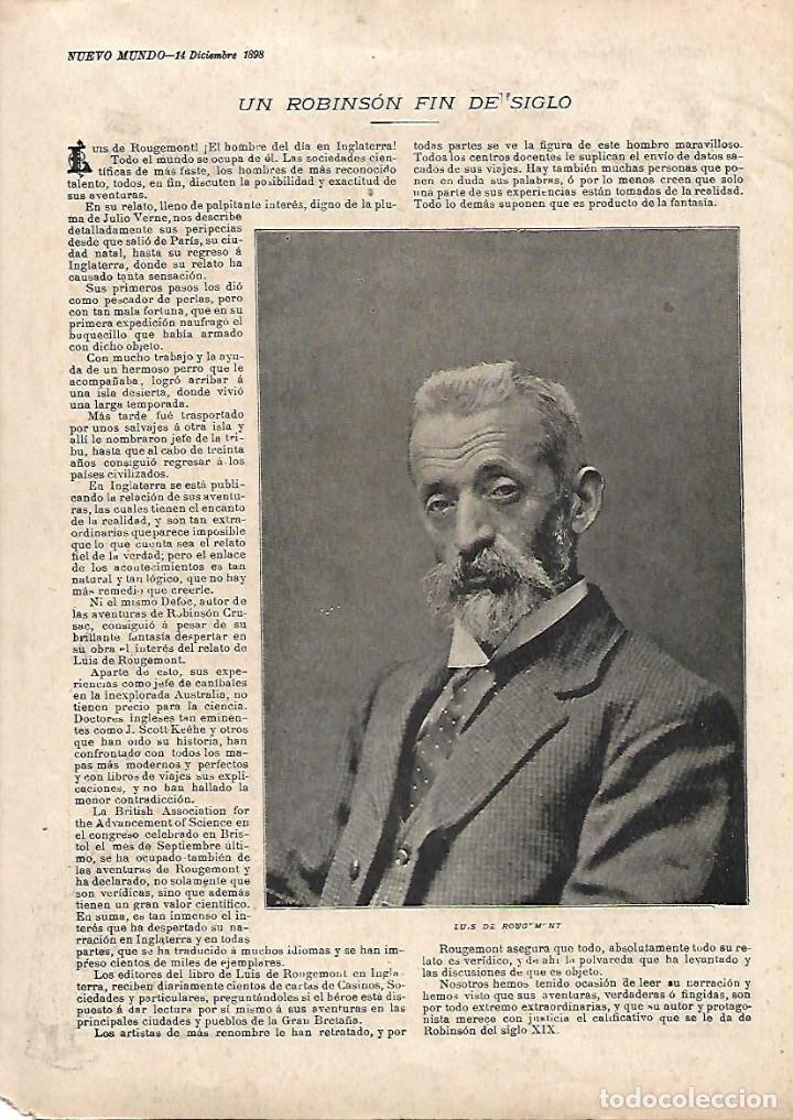 Colecionismo: A&Ntilde;O 1898 RECORTE PRENSA LUIS DE ROUGEMONT EXPLORADOR PESCADOR DE PERLAS UN ROBINSON AVENTURERO
