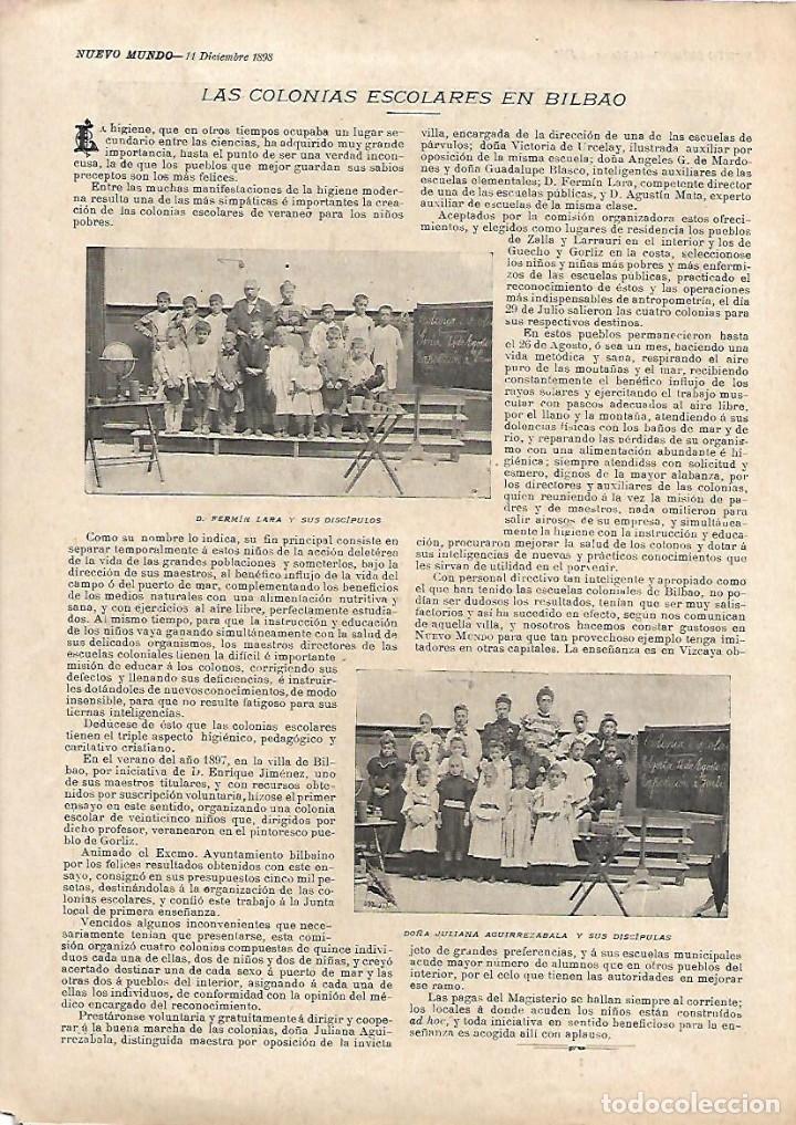 Colecionismo: A&Ntilde;O 1898 RECORTE PRENSA COLONIAS ESCOLARES EN BILBAO FERMIN LARA JULIANA AGUIRREZABALA MAESTROS
