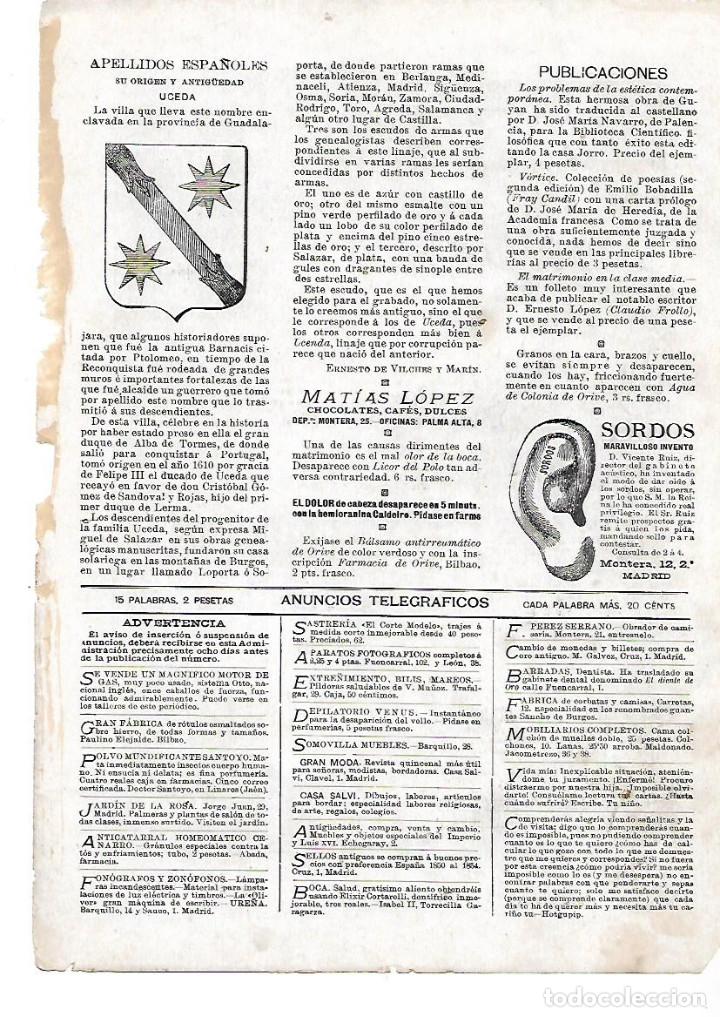 Colecionismo: A&Ntilde;O 1901 RECORTE PRENSA HERALDICA APELLIDOS ESPA&Ntilde;OLES UCEDA ESCUDO ORIGEN ANTIGUEDAD