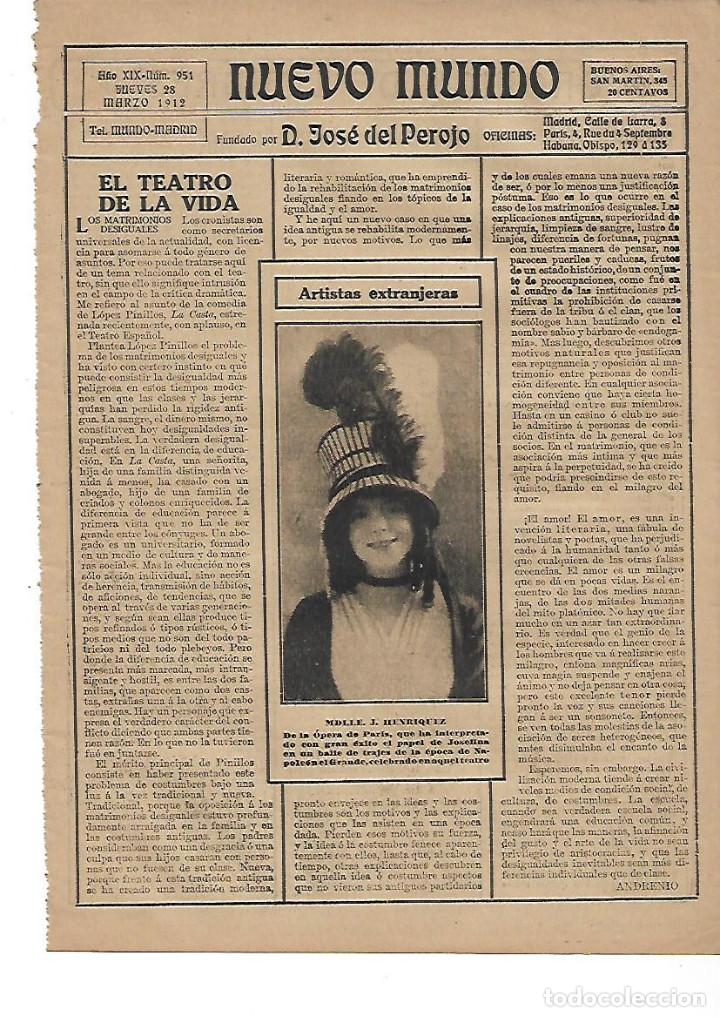 Colecionismo: A&Ntilde;O 1912 RECORTE PRENSA ARTISTA MDLLE J HENRIQUEZ ACTRIZ OPERA DE PARIS