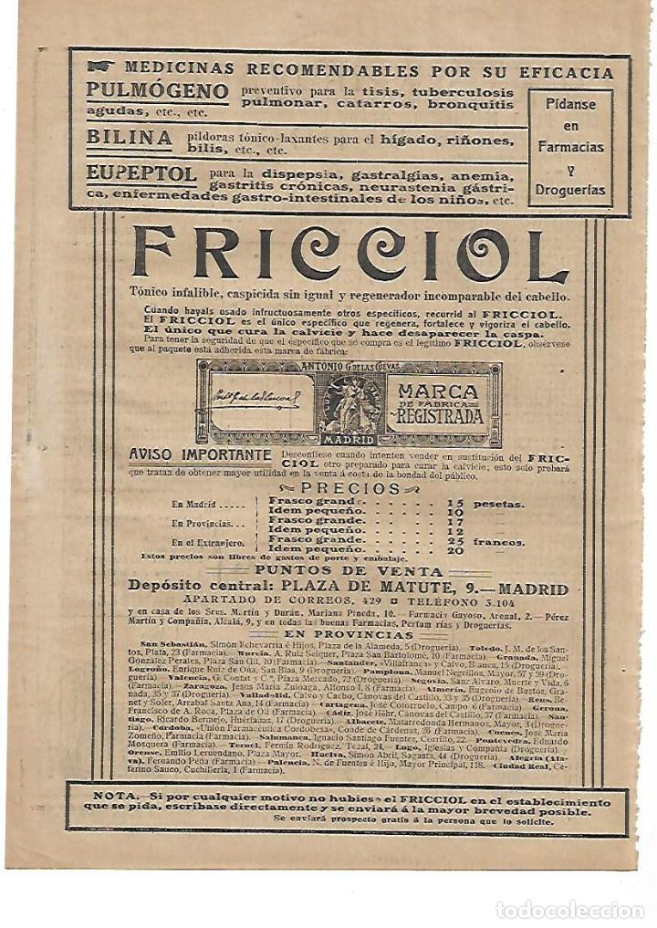 Collectionnisme: A&Ntilde;O 1912 RECORTE PRENSA PUBLICIDAD FRICCIOL PRODUCTOS FARMACEUTICOS CALVICIE ANTONIO G DE LAS CUEVAS