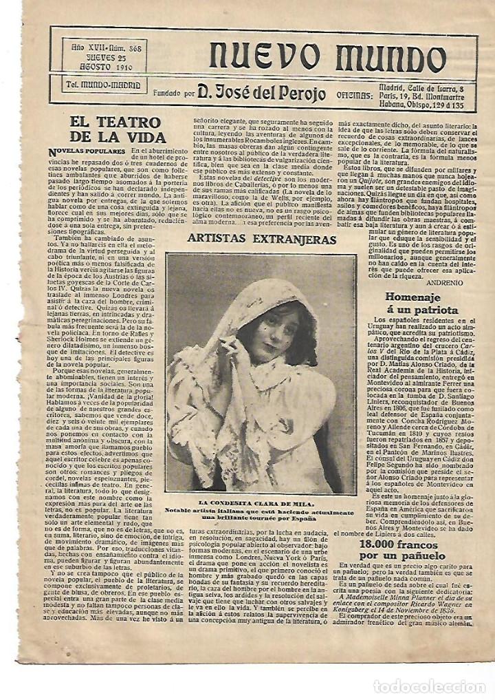 Collectionnisme: A&Ntilde;O 1910 RECORTE PRENSA ARTISTA ITALIANA LA CONDESITA CLARA DE MILA TEATRO