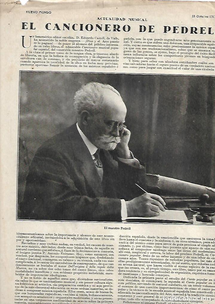 Colecionismo: A&Ntilde;O 1918 RECORTE PRENSA MUSICA EL CANCIONERO MUSICAL POPULAR DEL MAESTRO PEDRELL