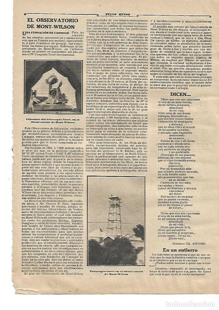 Collezionismo: A&Ntilde;O 1911 RECORTE PRENSA ASTRONOMIA OBSERVATORIO DE MOUNT WILSON FUNDACION DE CARNEGIE TELESCOPIO
