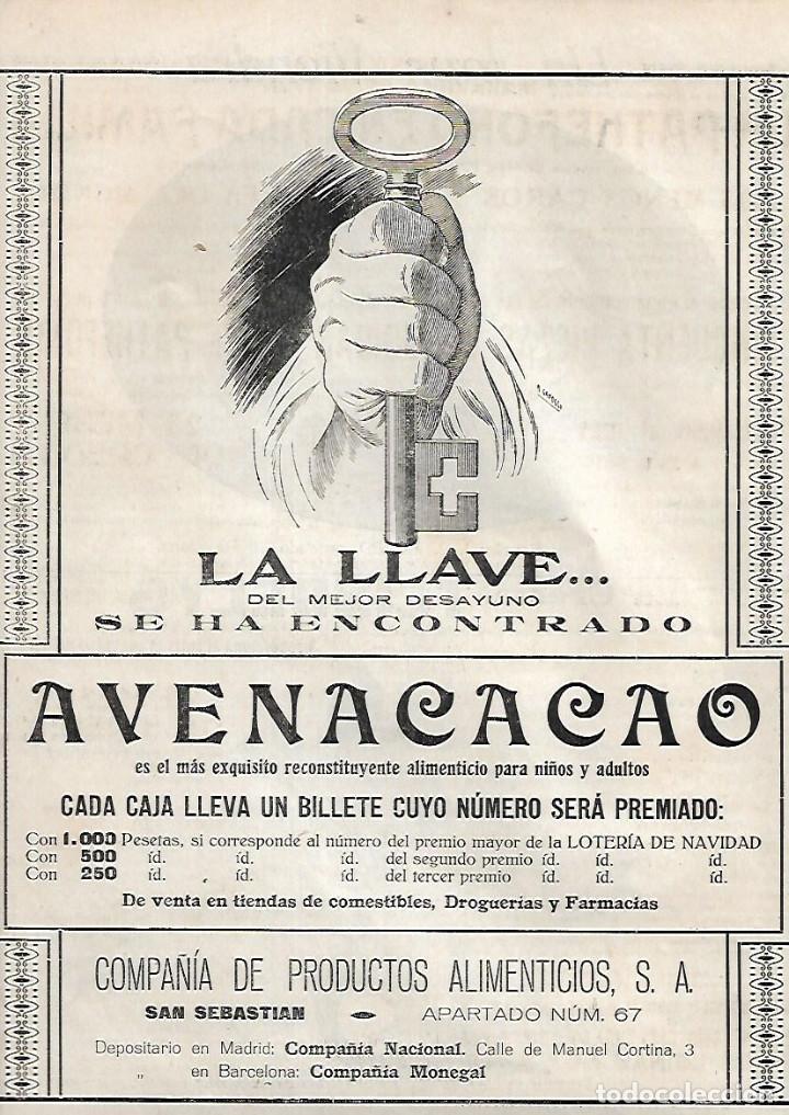 Coleccionismo: A&Ntilde;O 1919 RECORTE PRENSA PUBLICIDAD AVENACACAO AVENA CACAO ALIMENTO RECOSTITUYENTE SAN SEBASTIAN