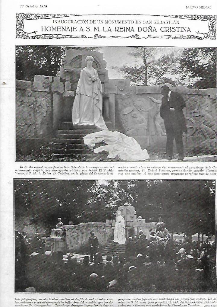 Coleccionismo: A&Ntilde;O 1919 RECORTE PRENSA INAUGURACION MONUMENTO REINA CRISTINA EN SAN SEBASTIAN ESCULTOR BARRENECHEA