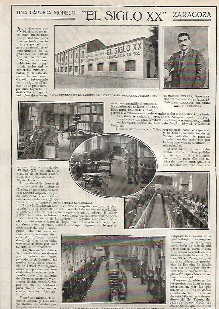 Colecionismo: A&Ntilde;O 1919 HOJA REPORTAJE EL SIGLO XX FABRICA MODELO DE ZARAGOZA CALZADOS MIGUEL FERRER