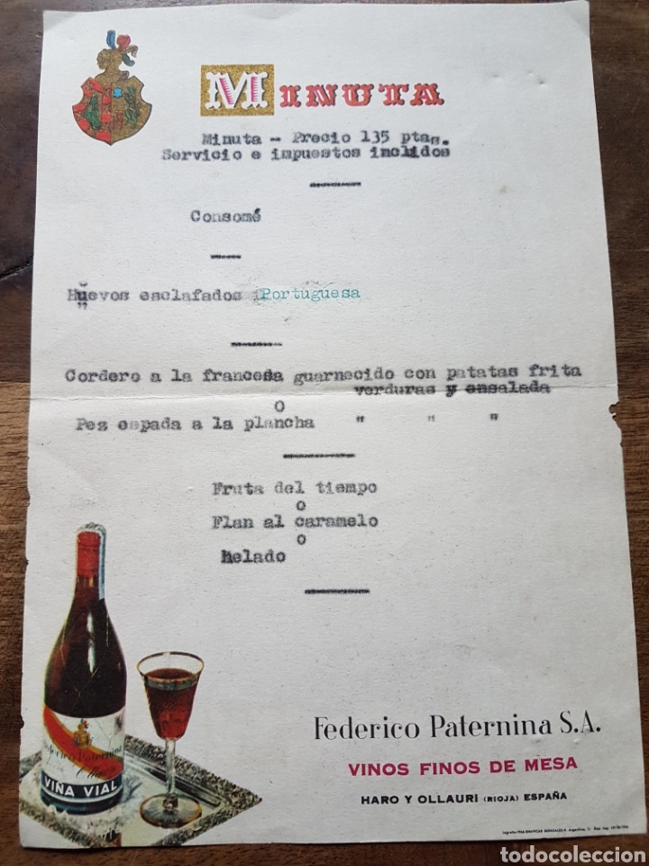 Coleccionismo: Minuta menu finos vi&ntilde;a Vial Rioja