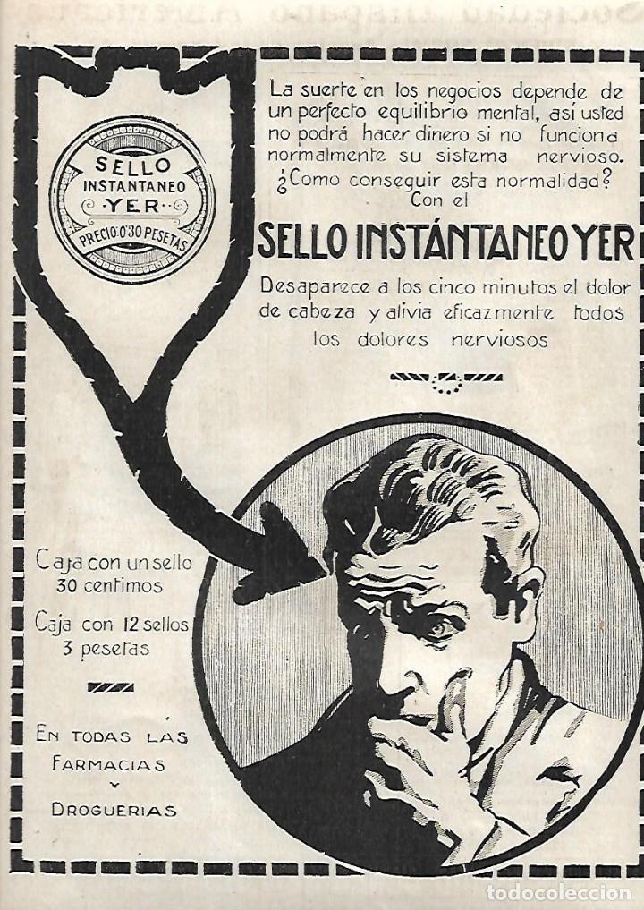 Coleccionismo: A&Ntilde;O 1919 RECORTE PRENSA PUBLICIDAD SELLO ISTANTANEO YER CALMANTE DOLOR DE CABEZA