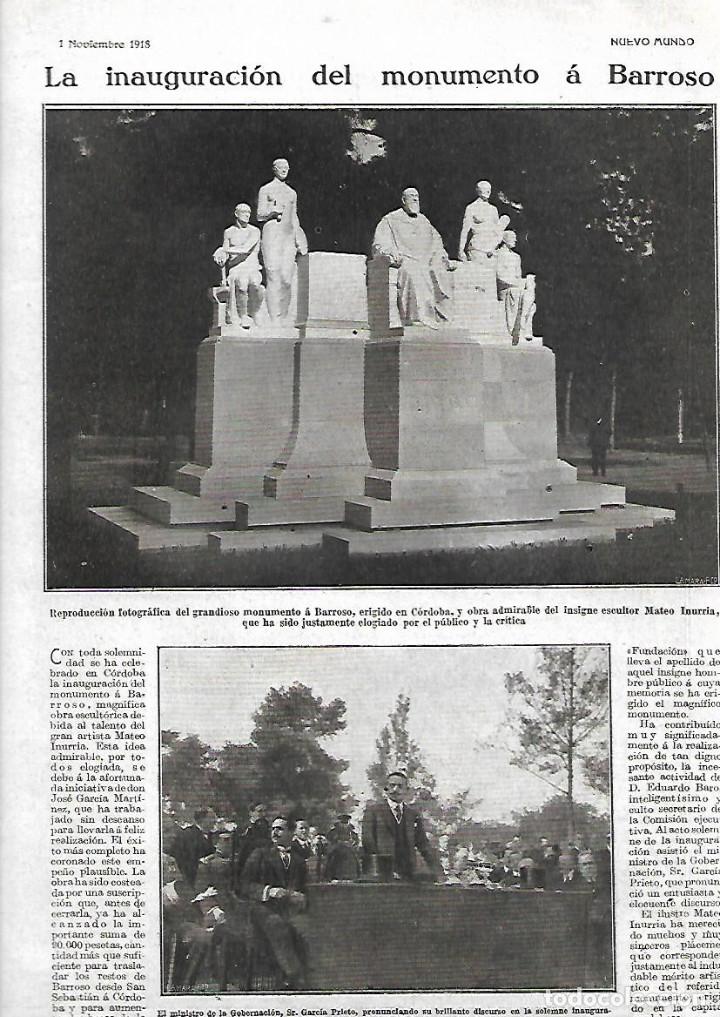 Coleccionismo: A&Ntilde;O 1918 RECORTE PRENSA CORDOBA INAUGURACION MONUMENTO A BARROSO ESCULTURA MATEO INURRIA