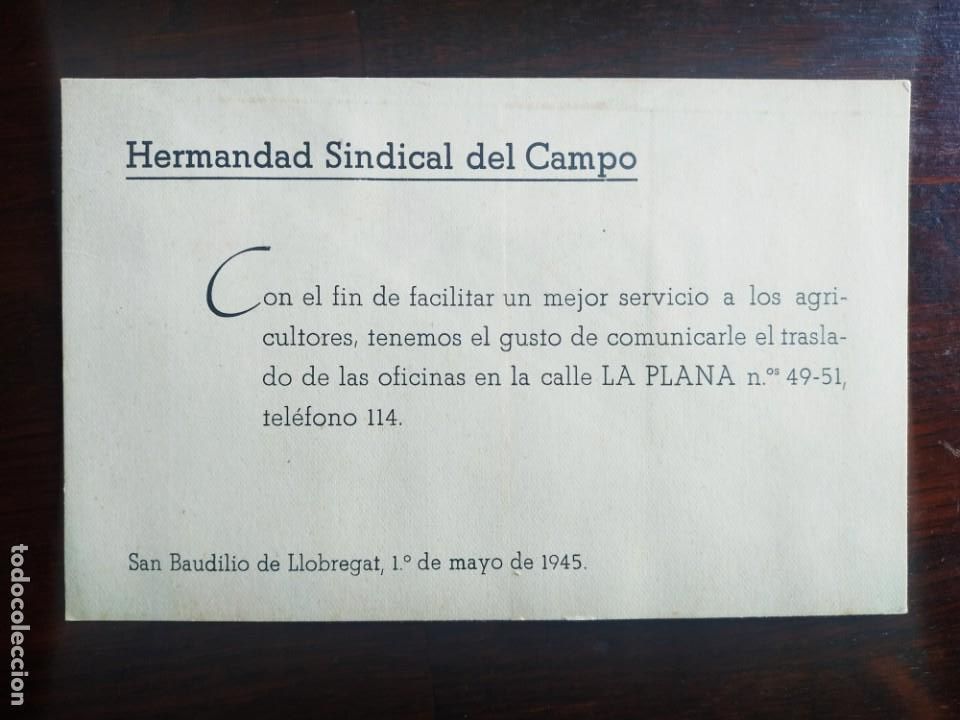 Collecting paper: Tarjeta nuevas oficinas 1945 hermandad sindical de labradores y ganaderos de Sant Boi de Llobregat.