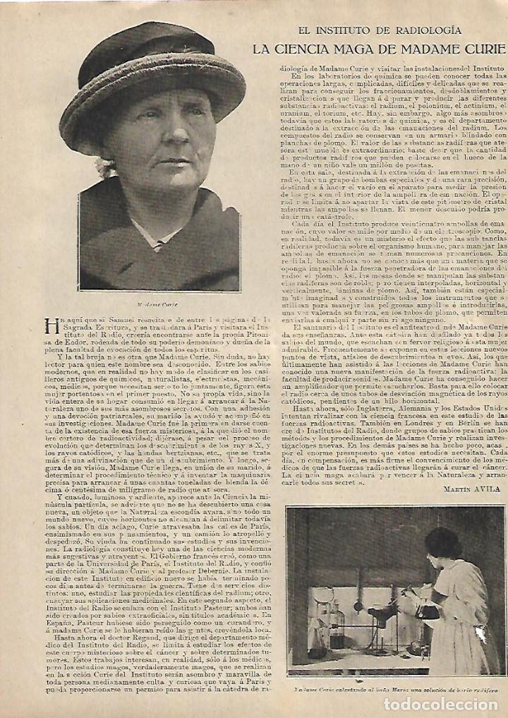 Colecionismo: A&Ntilde;O 1923 RECORTE PRENSA MADAME CURIE CIENCIA INVESTIGACION INSTITUTO DE RADIOLOGIA