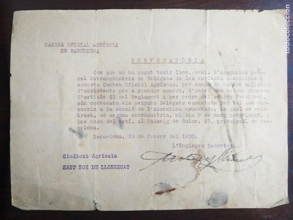 Coleccionismo: Un comunicado 1935 c&aacute;mara oficial agr&iacute;cola de Barcelona al Sindicat Agricola Sant Boi de LLobregat