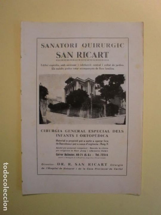 Collecting paper: SANATORI QUIRURGIC SAN RICART CARRER BALLESTER - BENA CELLONA FABRICANT B. BRAUN - 1.935