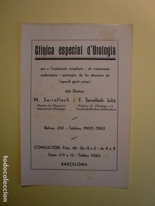 Colecionismo: CLINICA ESPECIAL D'UROLOGIA DRS. SERRALLACH - BENZOFORMINA LABORATORI AURELI GAMIR VALENCIA - 1.935