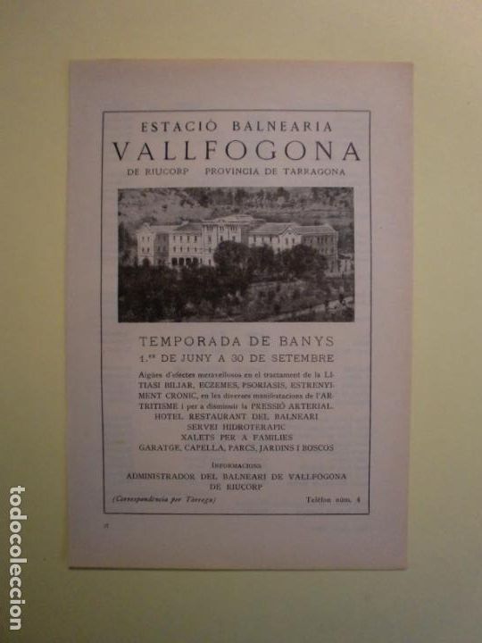 Collecting paper: ESTACI&Oacute; BALNEARIA VALLFOGONA DE RIUCORP TARRAGONA TEMPORADA DE BANYS - 1.935