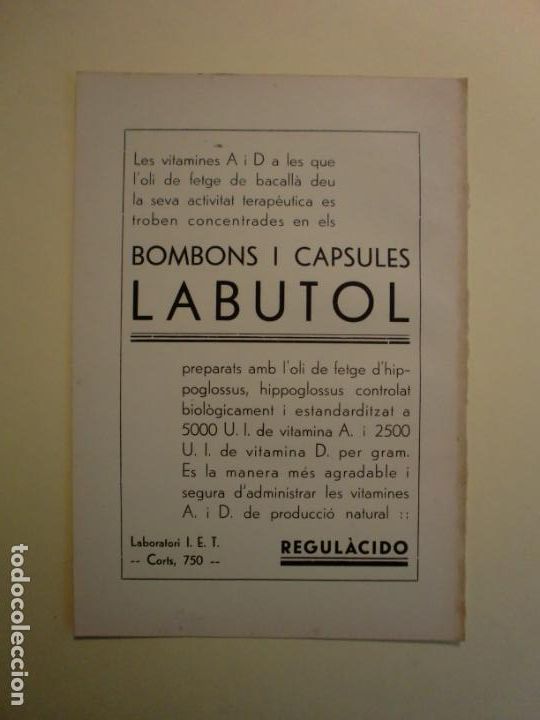Collecting paper: BOMBONS I CAPSULES LABUTOL LABORATORI I.E.T. BARCELONA - LABORATORIS FEBUS - 1.935