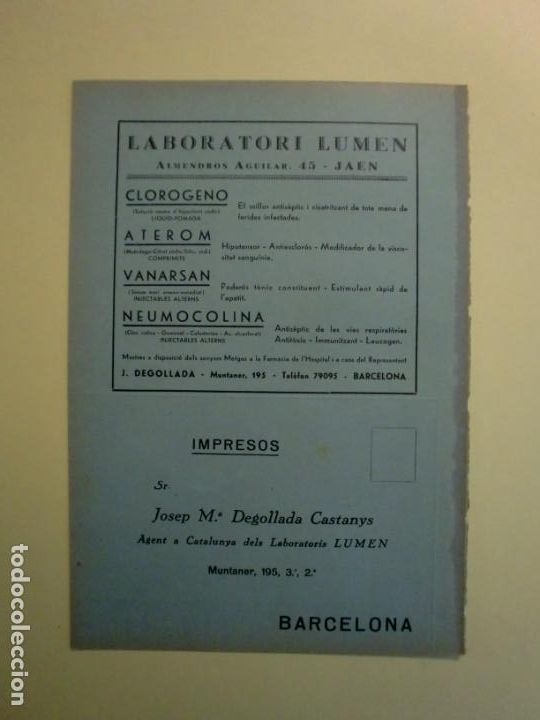 Coleccionismo: LABORATORIS LUMEN JAEN - JOSEP M&ordf; DEGOLLADA AGENT A CATALUNYA BARCELONA - 1.935